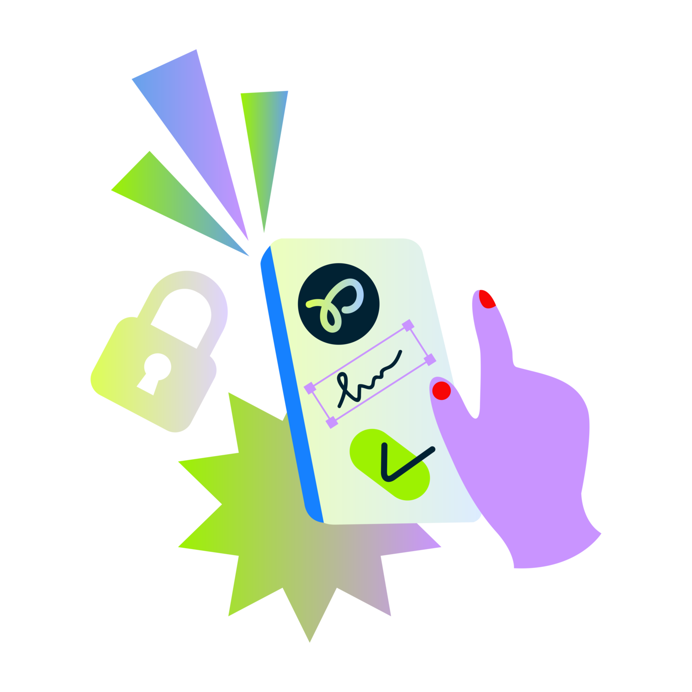 Illustrazione di una mano che firma in sicurezza un documento da smartphone